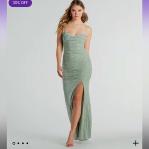 Faux Pearl Mesh mermaid gown in Sage